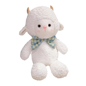 Soft white plush sheep doll with a cute plaid bowtie and small brown horns for kids
