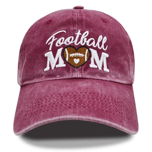 Washed vintage burgundy baseball cap with Football MOM embroidery and heart football