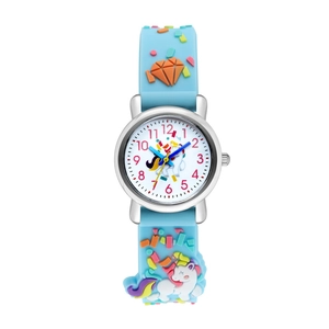 Macro shot of kids unicorn watch with rainbow 3D silicone strap and crystal accents