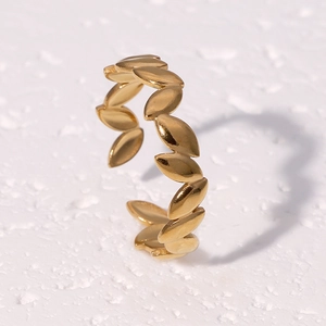 Minimalist 18k gold plated stainless steel open ring with olive leaf branch design