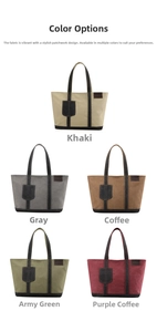 Detailansicht der Canvas-Tragetaschen in Khaki, Grau, Kaffee, Armeegrün und Lila-Kaffee