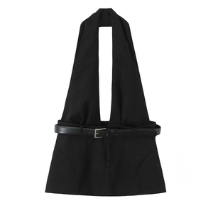 Women Halter Neck Top Polyester Slim Fit Solid Black Crop Top With Faux Leather Belt Metal Buckle Fashionable Streetwear