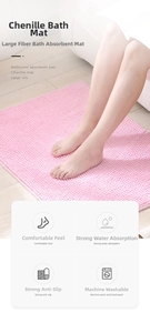 Macro shot of pink chenille bath mat showing high-density absorbent fibers and non-slip texture