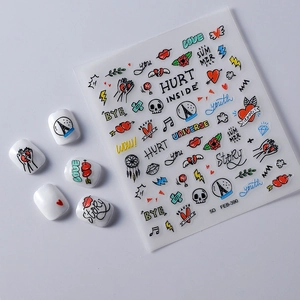 5D embossed nail art sticker FEB-390 with colorful graffiti hearts and skulls design
