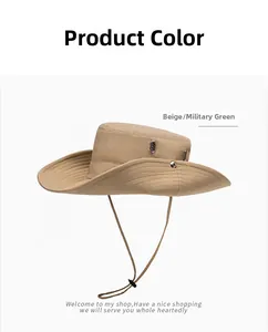 Beige wide-brim hiking hat with adjustable windproof drawstring and metal air vents
