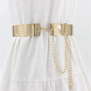 Polished gold wide metal waist belt with adjustable decorative chain for women's dresses