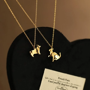 Geometric Animal Pendant Necklace Gold Plated Stainless Steel Cat Dog Corgi Minimalist Jewelry For Women