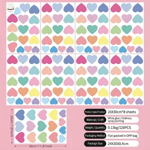 Colorful bohemian heart wall stickers for nursery, 128 piece set in pastel macaron tones