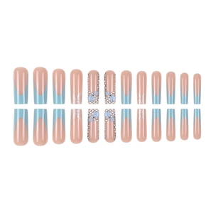 Blue French press-on nails set with pearls, floral accents and long ballet shape