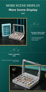 Macro shot of 24-grid grey velvet jewelry organizer with transparent glass lid and metal buckles
