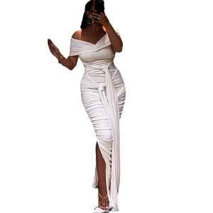 Elegant white off-shoulder ruched dress with slim fit, waist tie and side high slit