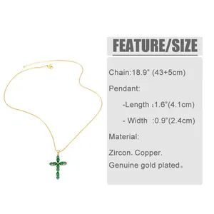 Size chart for golden cross necklace with green zircon showing chain length and pendant size