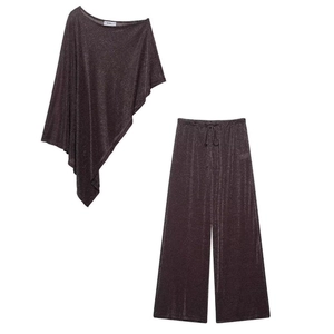 Ensembles Métallisés À Paillettes Femmes Haut Poncho Asymétrique Et Pantalon Large Chic Élégant Streetwear
