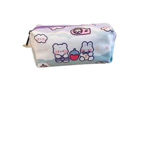 Cute large capacity canvas pencil case with cartoon bear and rabbit prints in purple