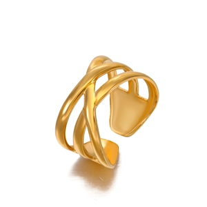 Minimalist gold plated stainless steel layered geometric open ring on white background