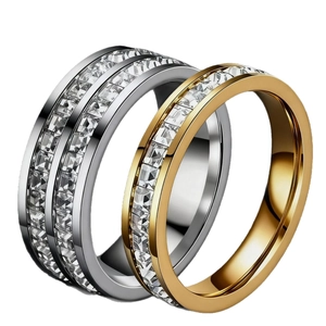 Sparkling gold and silver stainless steel rings set with square white zircon stones