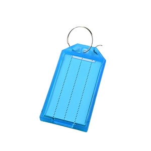 Étiquettes de clé en plastique bleu translucide avec inserts blancs et anneaux en métal