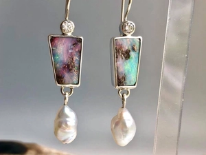Elegant opal pearl earrings featuring pink fire opal and baroque pearl in drop design