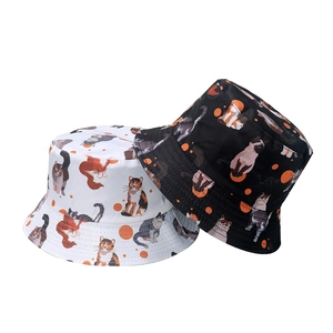 Bucket Hat Cute Cat Print Polka Dot Polyester Sun Protection Reversible Summer Outdoor Korean Style For Women