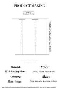Detailed size chart for S925 sterling silver tassel drop earrings with 8.8cm length