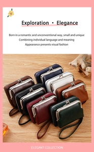 Clasp coin purses in various colors displayed on a wood texture background with wristlet