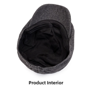 Detailed internal view of herringbone newsboy cap with black twill lining and neat stitching