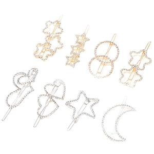 Sparkling rhinestone star, heart, and moon hair clips set in gold and silver finishes