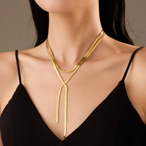 Elegant gold double layered flat snake chain necklace for women in stainless steel
