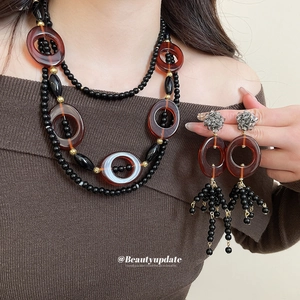 Vintage Multi Layer Beaded Necklace And Tassel Earrings Crystal Resin Oval Fringe Ethnic Jewelry Silver Earring Post