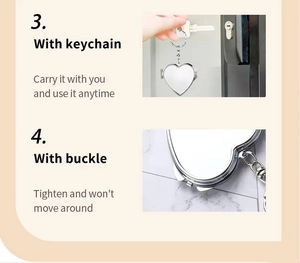 Detail of heart-shaped metal mirror with key ring and reinforced buckle design