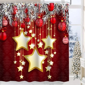 Detail of waterproof polyester Christmas shower curtain with red and gold festive ornaments
