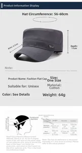 Detaillierte Größentabelle für Baumwoll-Military-Cap mit Kopfumfang und Maßen