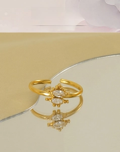 Detail view of adjustable gold stainless steel ring with two marquise cut cubic zirconia