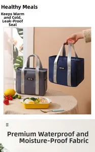 Close-up of portable insulated lunch bag with durable metal handles and fabric label