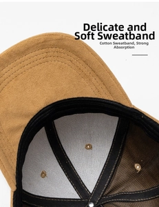 Close-up of the soft cotton sweatband and interior stitching of the faux suede baseball cap
