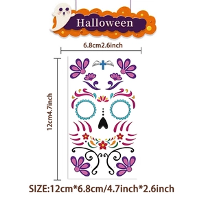 Detail of waterproof Halloween face tattoo sticker with colorful skull and floral patterns