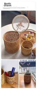 Set of three hand-woven rattan storage cylinders for makeup brushes and home decor