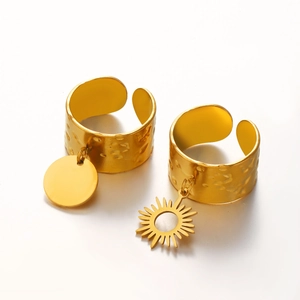 18K gold plated stainless steel open rings with sun and round charms hammered finish