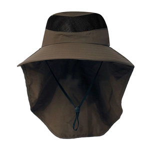 Detail of dark brown sun hat with breathable black mesh top and protective neck flap
