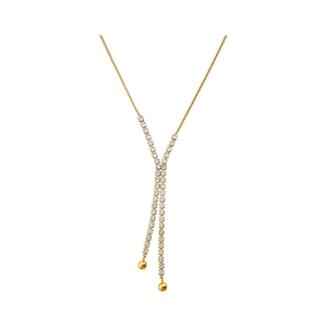 Elegant gold Y-shaped necklace with full crystal inlay and dual bead pendants on white base