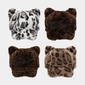 Faux Fur Baseball Cap With Animal Ears Leopard Print Plush Winter Warm Hat For Women Fashion Outdoor