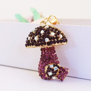 Sparkling purple rhinestone mushroom keychain with gold finish metal clip and ring