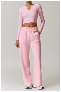 Pink V-neck cropped long sleeve yoga top and high-waist straight pants set detail