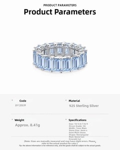 Detailed specs of S925 silver eternity band featuring emerald cut blue zircon stones