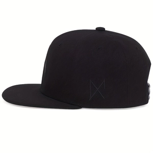 Side view of a black snapback cap featuring gray geometric embroidery on the twill fabric