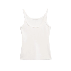 Women's off-white ribbed knit tank top with thin straps and scoop neck design