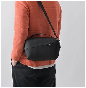 Detailed back view of a black sports crossbody bag with a white SPORT label