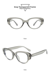 Front and side view of Y2K cat-eye sunglasses in transparent grey frame with metal rivets