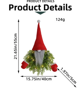 Close-up of lighted Christmas gnome wreath with dimensions 55cm by 40cm and LED warm lights