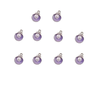Macro detail of ten purple enamel sea shell charms with white pearl center for jewelry making